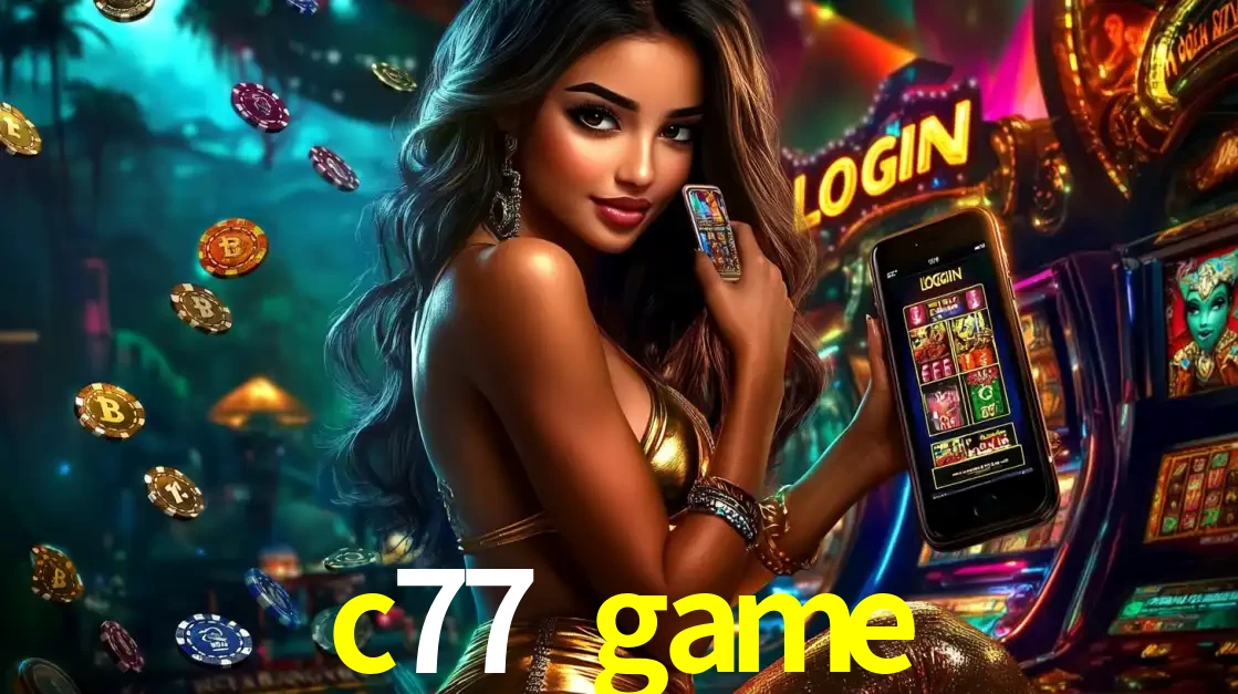 Mulher em um cenário de cassino temático de aventura, mostrando o app de caça-níqueis da c77 game no celular. Fichas de apostas flutuam ao redor.