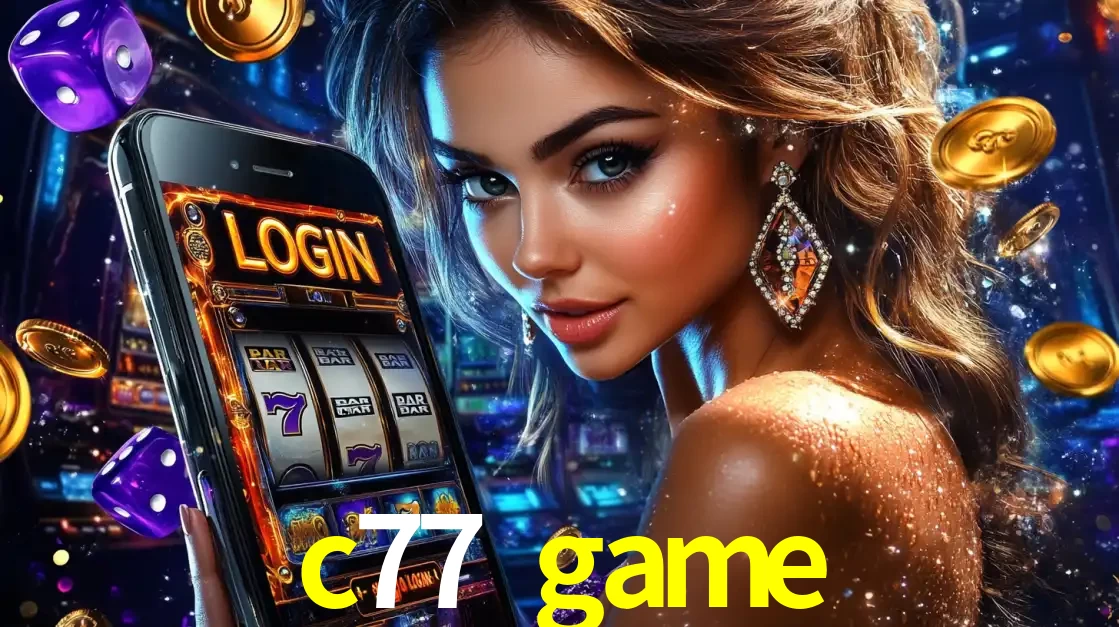 Mulher glamorosa segurando um smartphone com a tela de login para os jogos de caça-níqueis do cassino online c77 game, com moedas de ouro e dados ao redor.