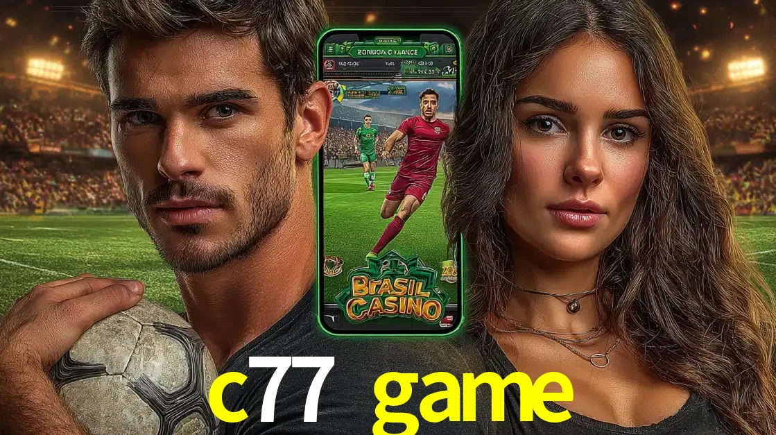 Homem segurando uma bola de futebol e uma mulher ao lado de um smartphone exibindo o jogo de apostas esportivas da c77 game. Faça seu palpite no cassino online.